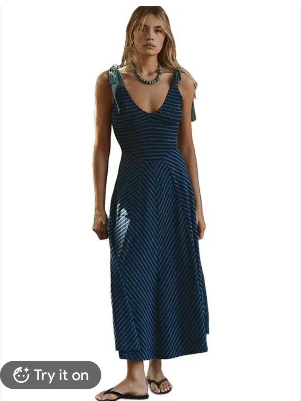 & Other Stories Navy Striped Tie-Shoulder Maxi Dress